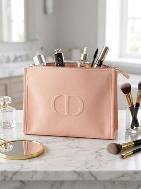 Dior CD Logo Makeup Toiletry Cosmetic Pink Top Zip Closure Bag Case